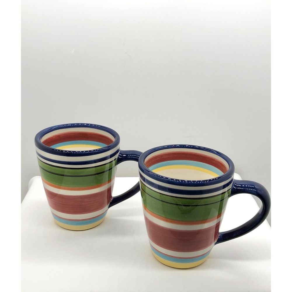Pottery Barn Espadrille Stripe Coffee Mugs Set of 2 Multicolor Striped Stoneware
